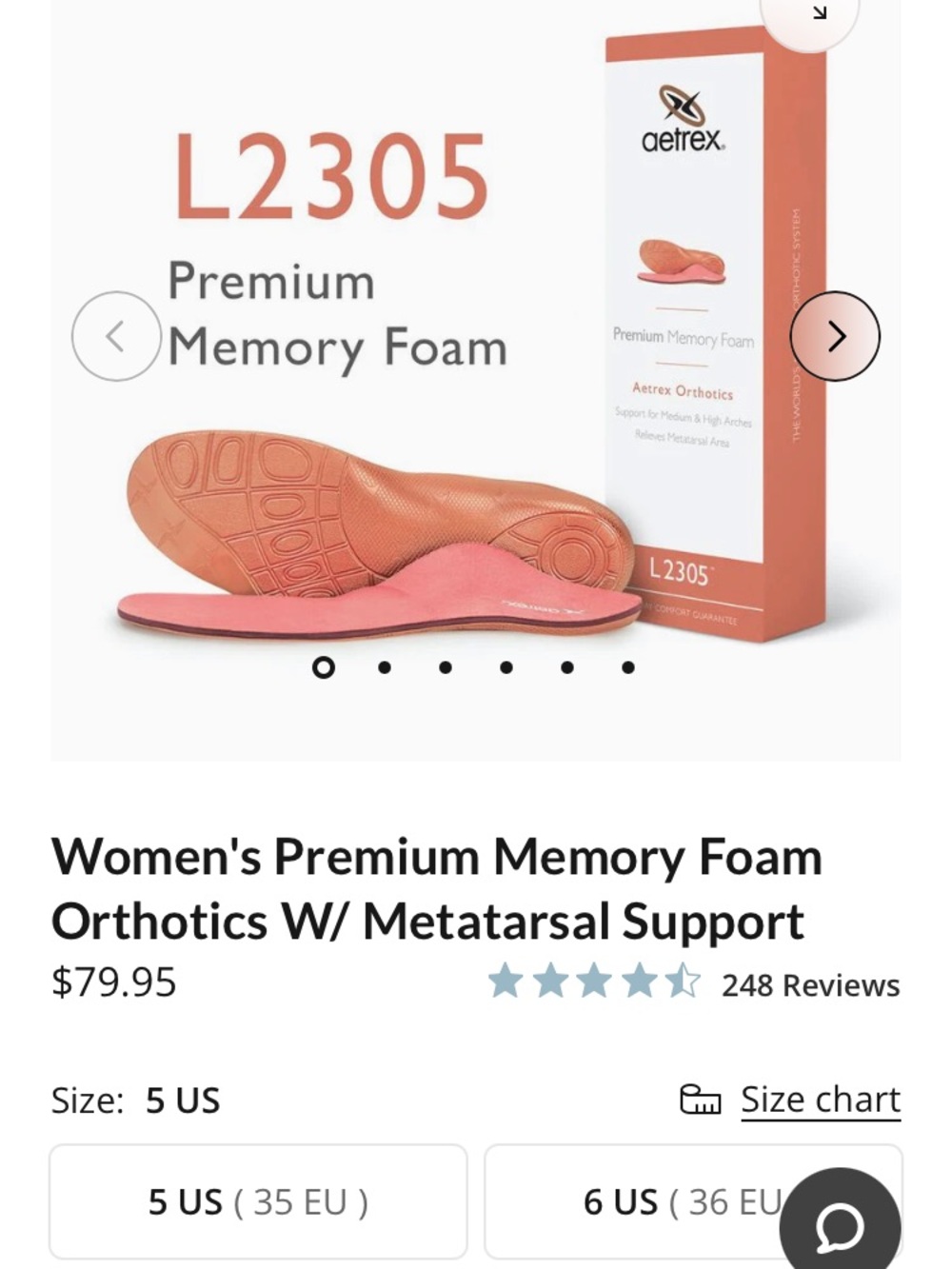 Aetrex L2305 Women's Premium Memory Foam Orthotic Insoles - Coral size 7